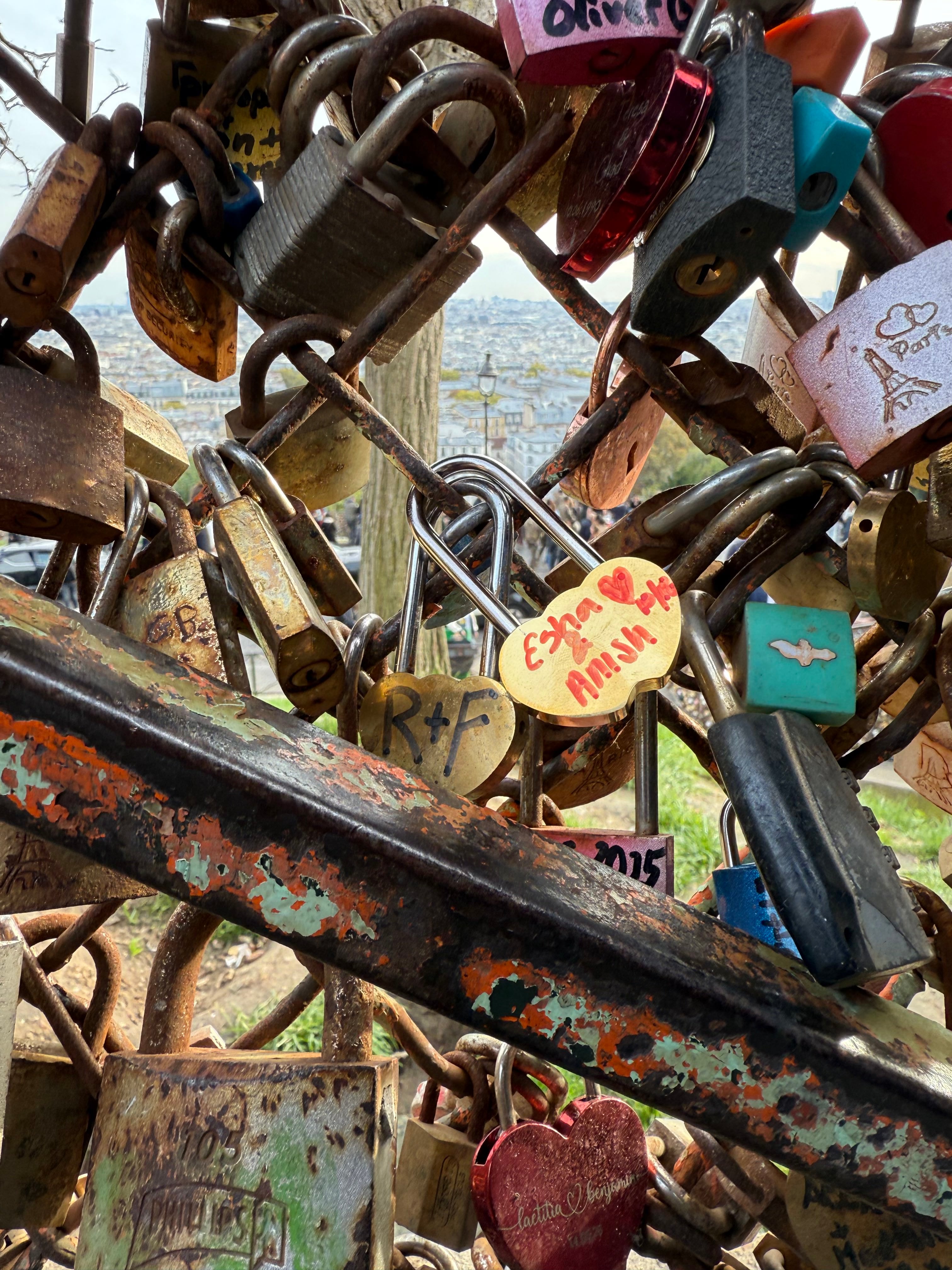 Esha and Anish's love lock among other locks on a bridge in Paris